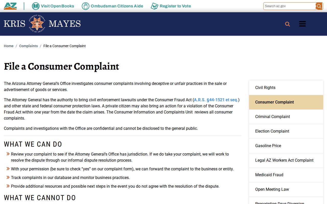 Kingman neighbors Arizona consumer complaint portal